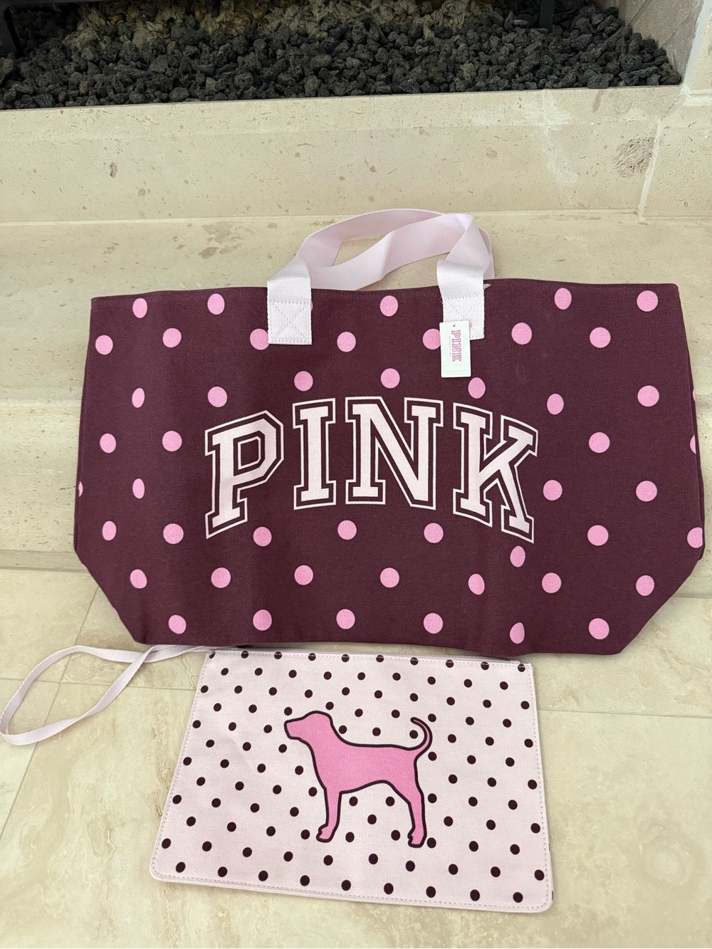 *NEW* Victoria's Secret Pink Polka Dot Canvas Tote Bag + Wristlet Pouch
